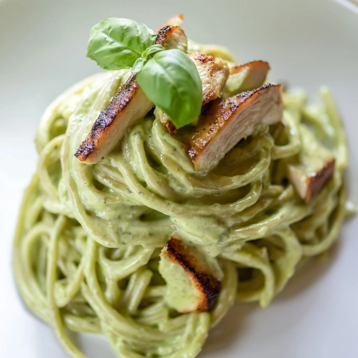 A close-up of creamy avocado chicken pasta featuring silky green sauce and thin slices of juicy grilled chicken.