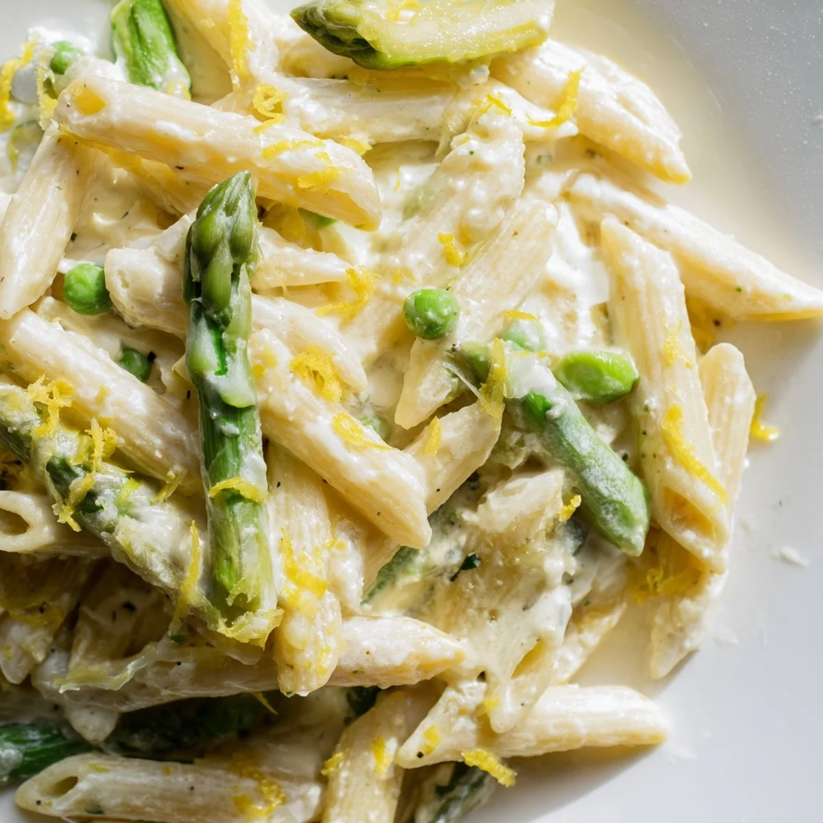 Creamy Garlic Parmesan Spring Vegetable Pasta with bright green asparagus, peas, and tender penne in a velvety sauce.