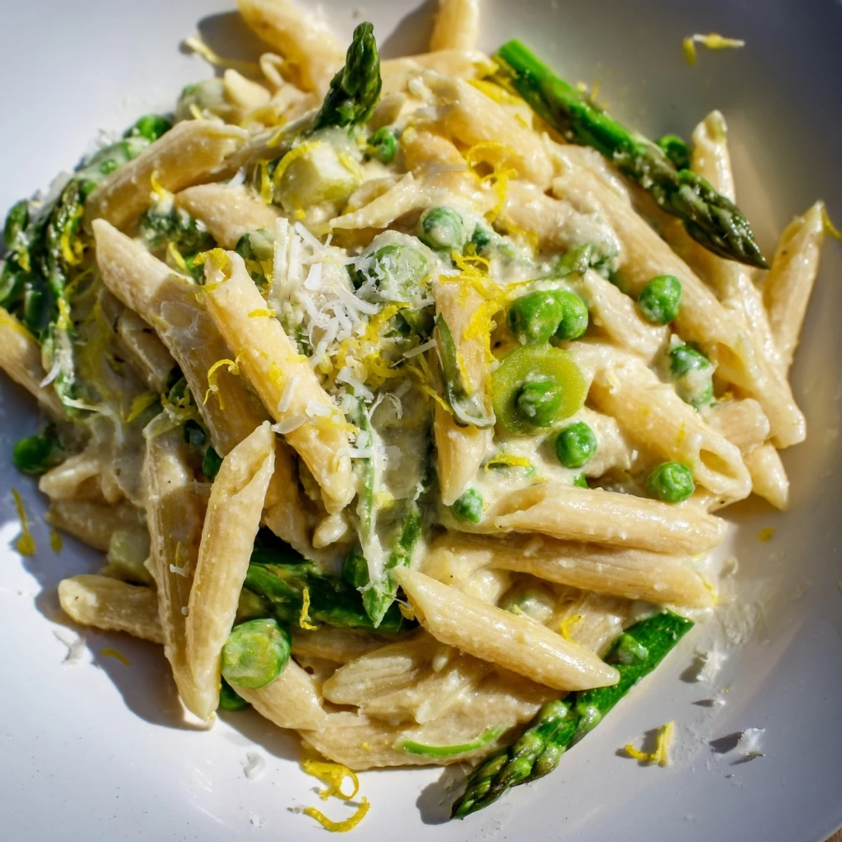 Garlic Parmesan Spring Vegetable Pasta served warm, garnished with fresh basil and a sprinkle of extra Parmesan cheese.