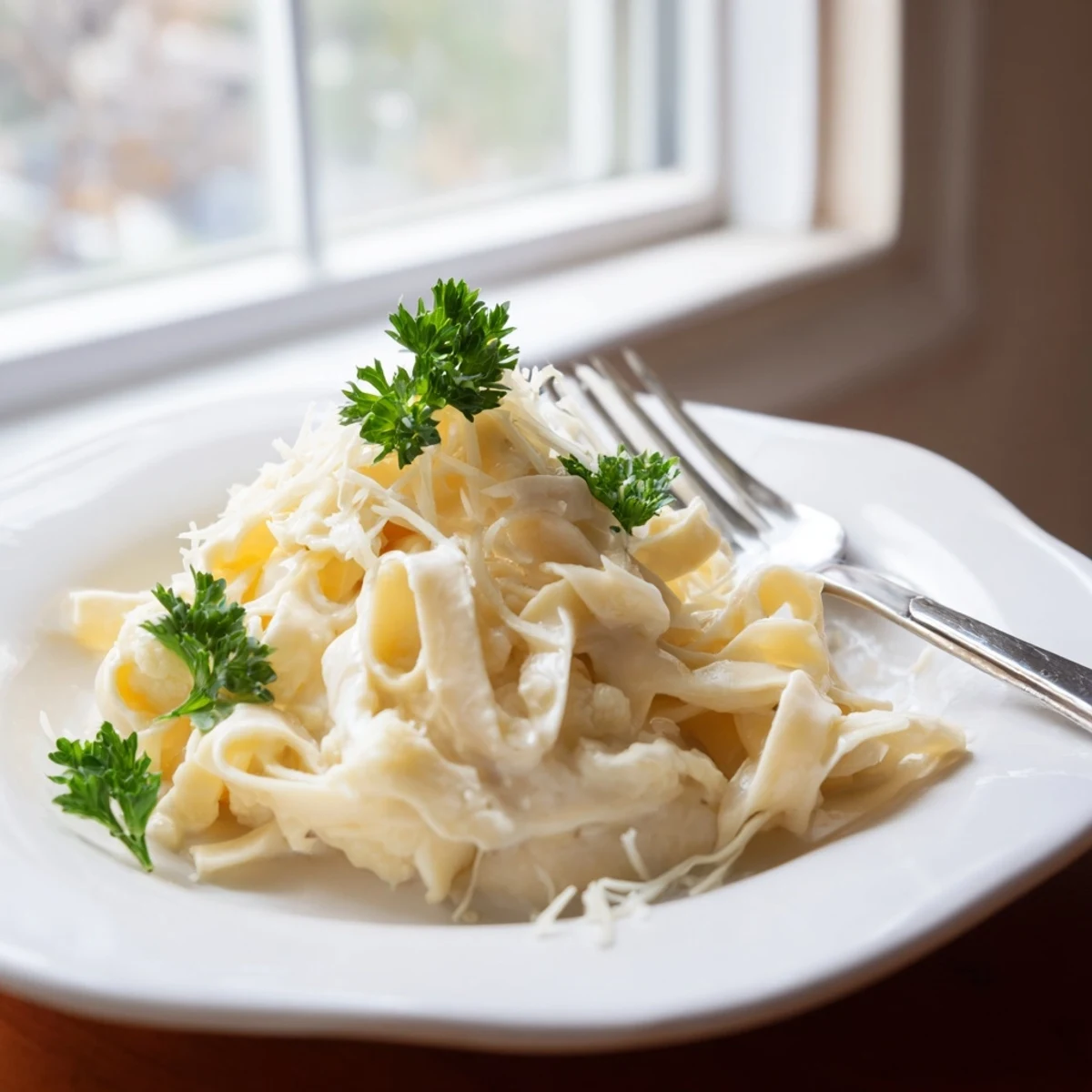 Close-up of Easy Creamy Cauliflower Alfredo, highlighting the smooth, creamy texture of the no-cream sauce.