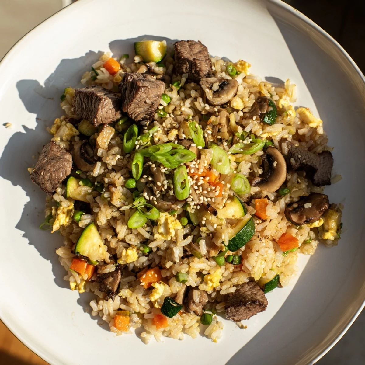 Sizzling cubes of marinated sirloin steak and colorful vegetables stir-fried with fluffy jasmine rice in a skillet, prepared as Easy Hibachi Steak With Fried Rice.  