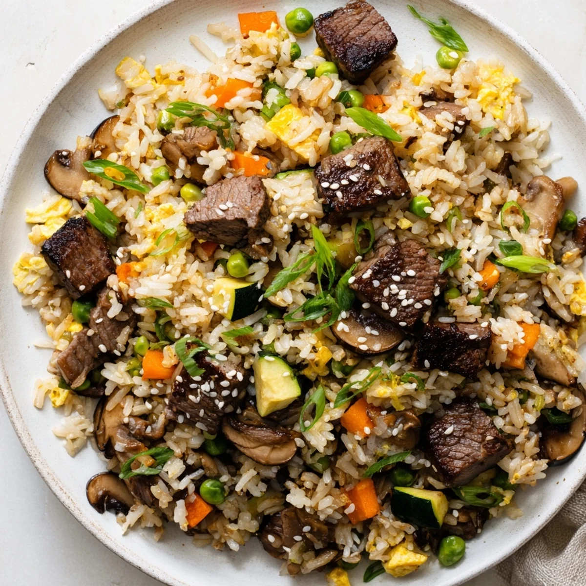 A close-up view of golden-brown Easy Hibachi Steak With Fried Rice, featuring tender beef, peas, carrots, and scrambled eggs, garnished with fresh green onions.  