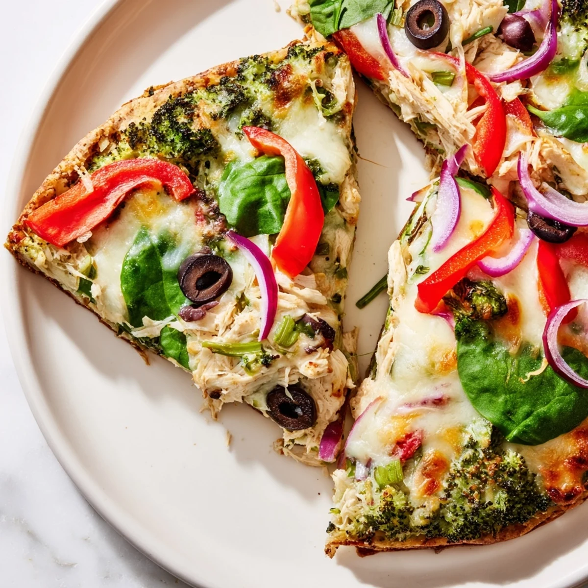 Freshly baked Broccoli Chicken Crust Pizza garnished with basil and chili flakes, served warm for a healthy, gluten-free family dinner.