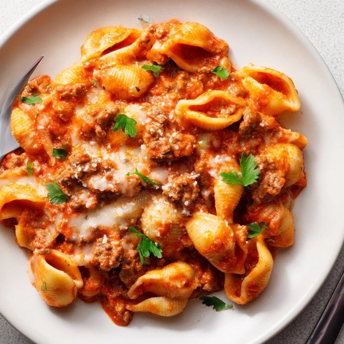 Creamy one pot beef and shells pasta with tender ground beef and rich tomato sauce, garnished with fresh parsley.