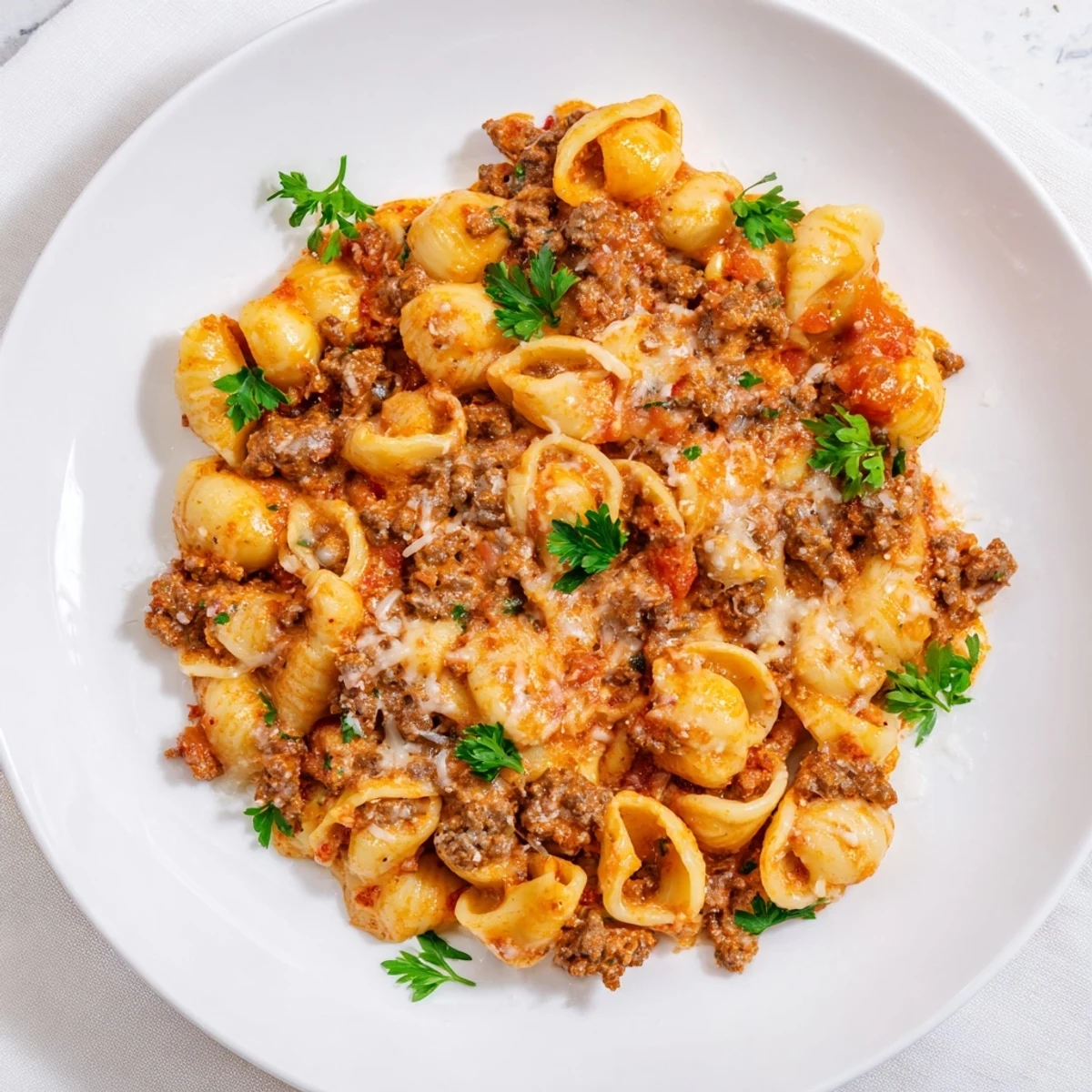 Family-friendly one pot creamy beef and shells pasta served hot, paired with a crisp green salad and crusty bread.