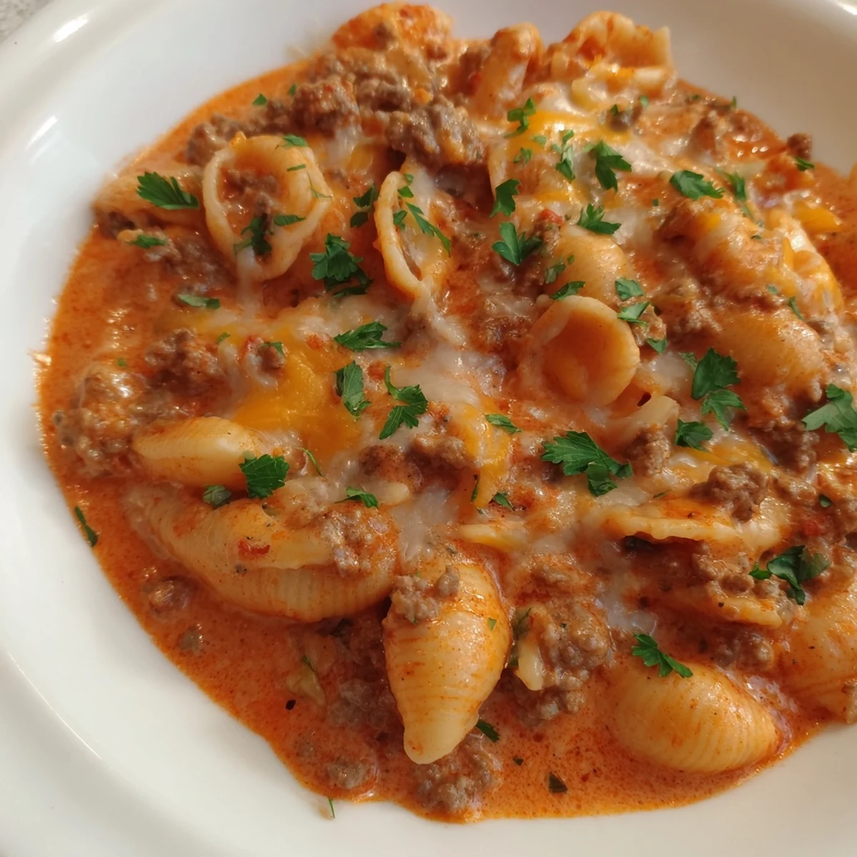 Hearty one pot creamy beef and shells dish steaming in a skillet, showing melted cheddar and Parmesan cheese.