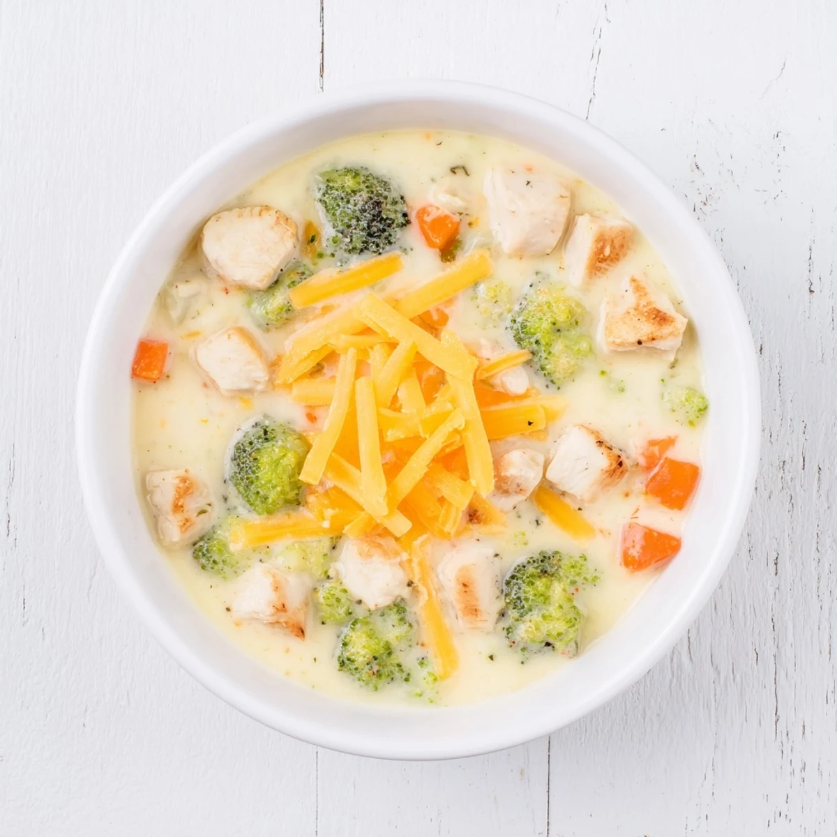 A bowl of homemade Chicken Broccoli Cheddar Soup, featuring tender chicken, fresh broccoli florets, and gooey cheddar cheese.