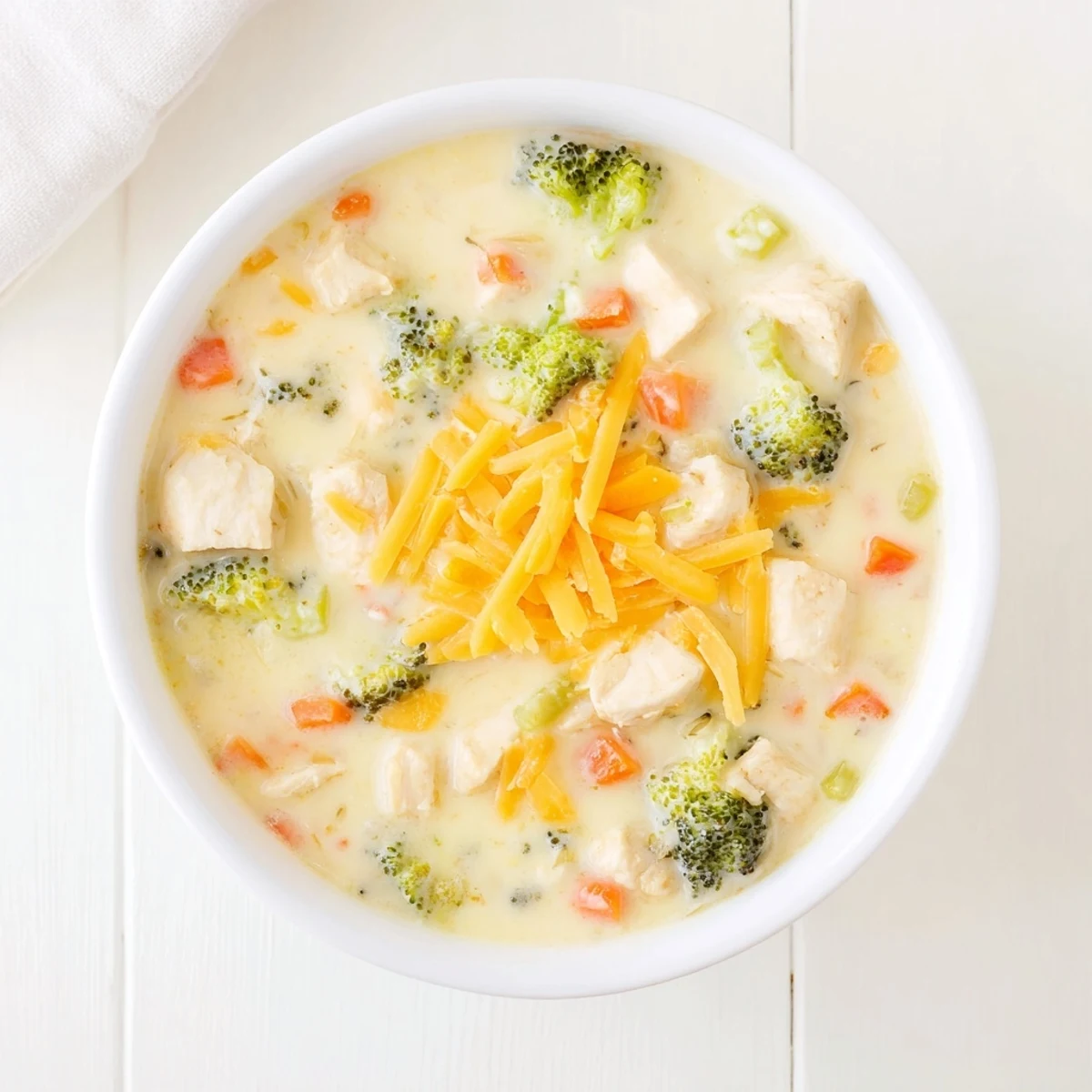 Comforting bowl of rich Chicken Broccoli Cheddar Soup, loaded with colorful vegetables and melted sharp cheddar.