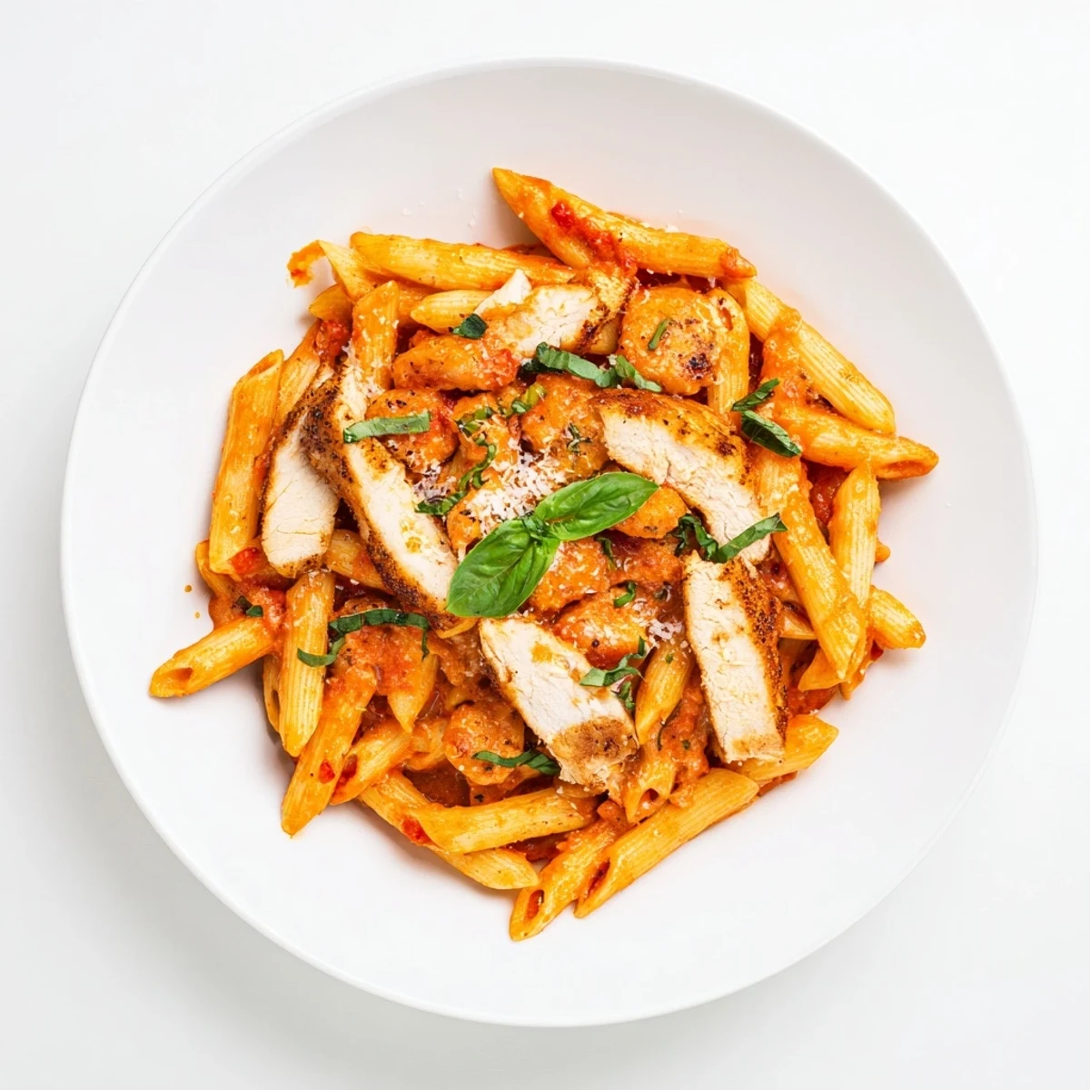 Spicy Tomato Chicken Pasta served on a white plate with penne tossed in a rich red chili tomato sauce, topped with seared golden-brown chicken strips and fresh basil garnish.  