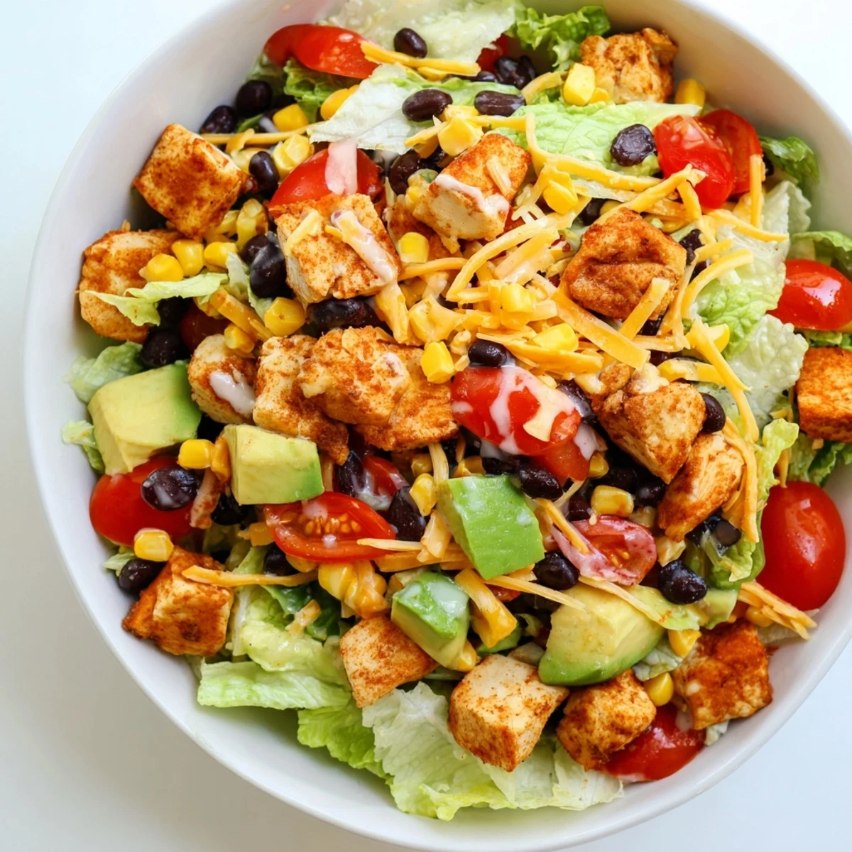 A vibrant bowl of Chicken Taco Chopped Salad features seasoned chicken, crisp lettuce, and a creamy salsa ranch dressing.