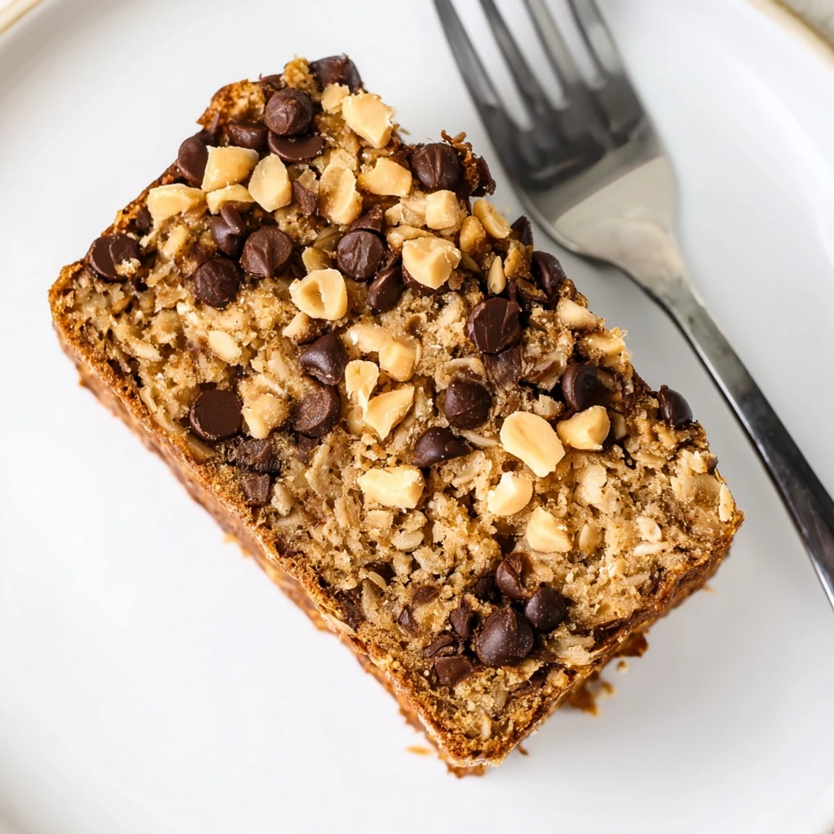 A loaf of Chocolate Chip Peanut Butter Oatmeal Banana Bread with a slice cut out, revealing a rich interior loaded with oats, banana, and chocolate chips.