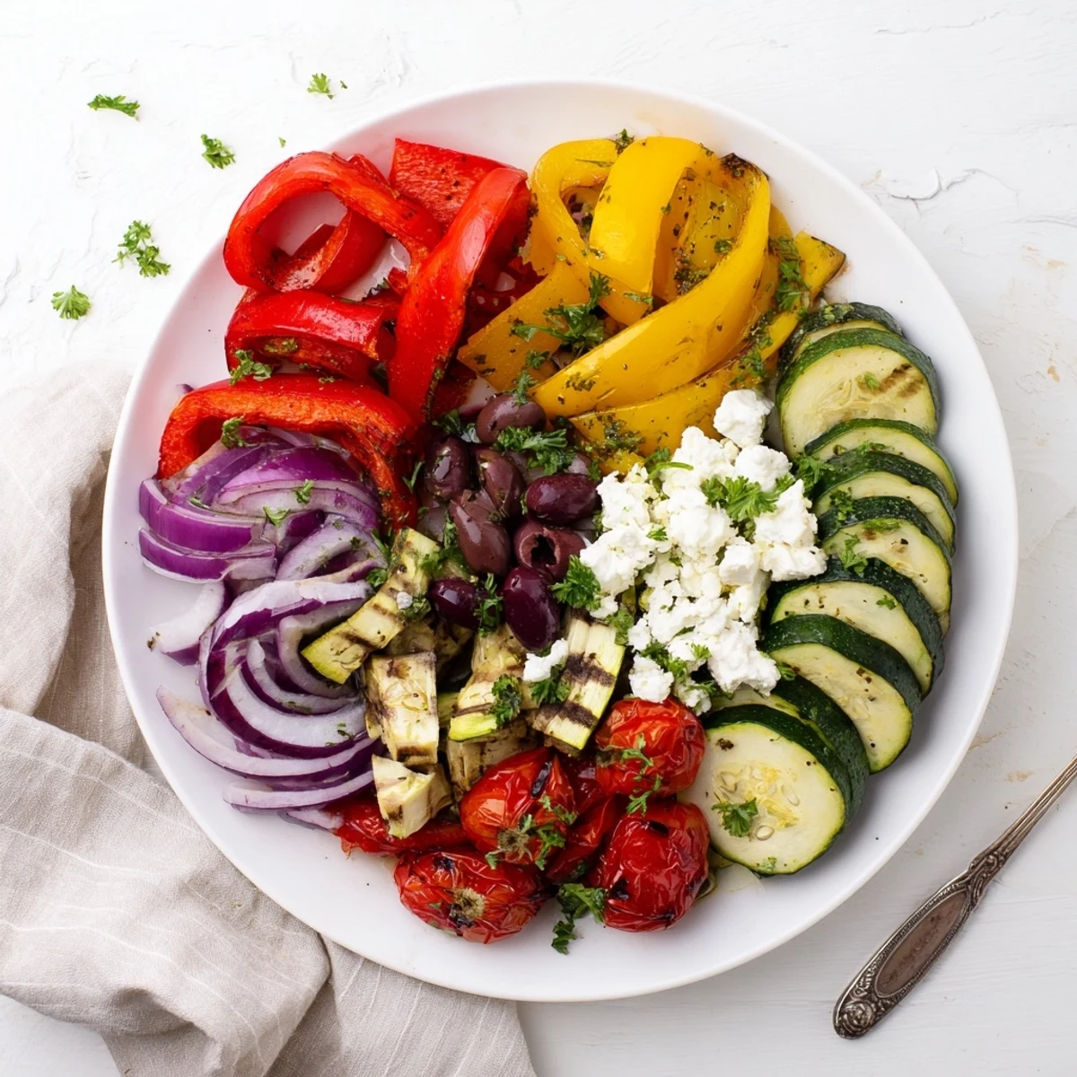 Roasted Greek Salad served on a platter with crisp cucumber rounds and a zesty lemon-oregano dressing ready for summer dinners.