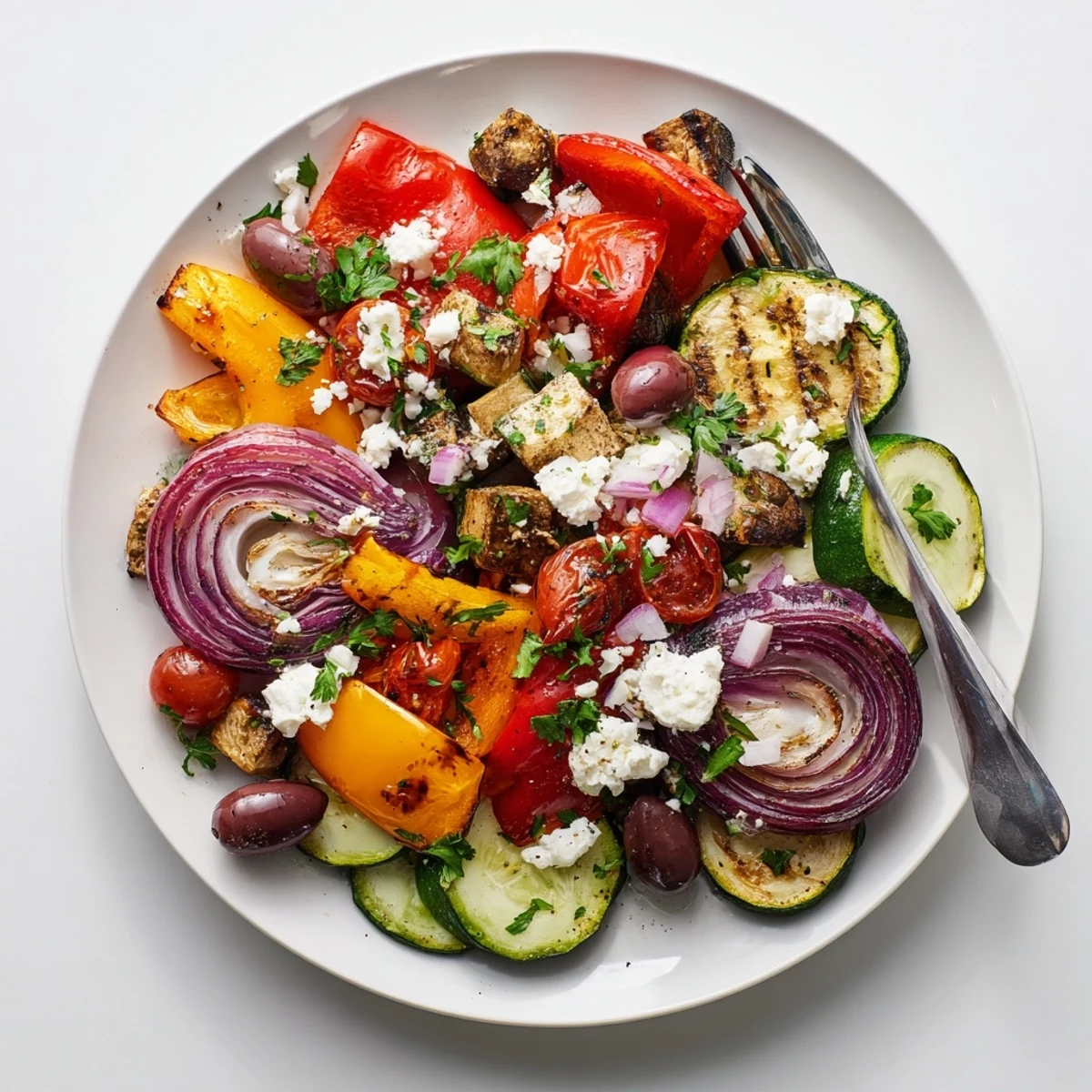Vibrant, caramelized roasted vegetables make up this hearty Roasted Greek Salad, garnished with parsley and perfect alongside grilled pita.
