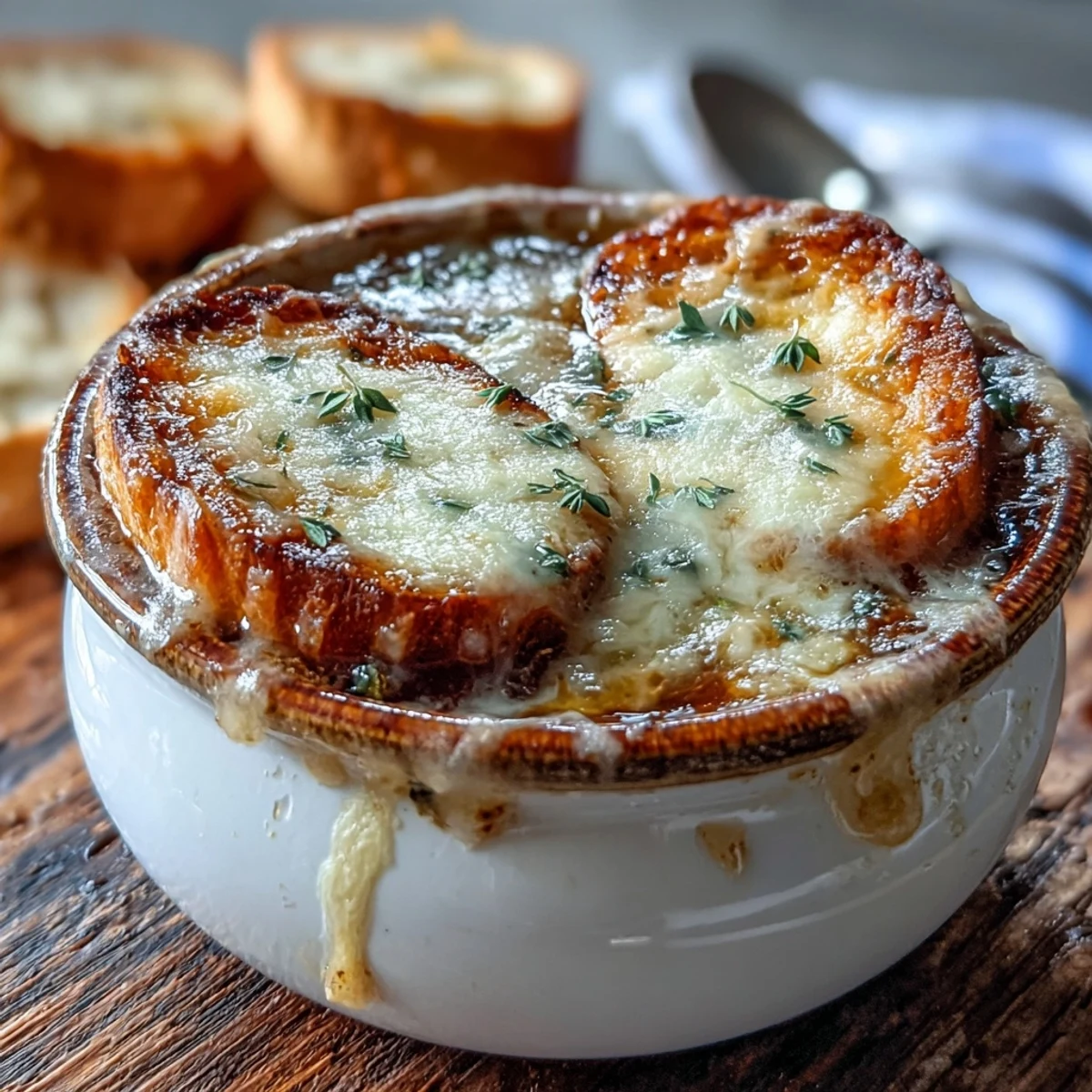 French Onion Soup served with melted Gruyère and golden baguette slices, ready to enjoy.