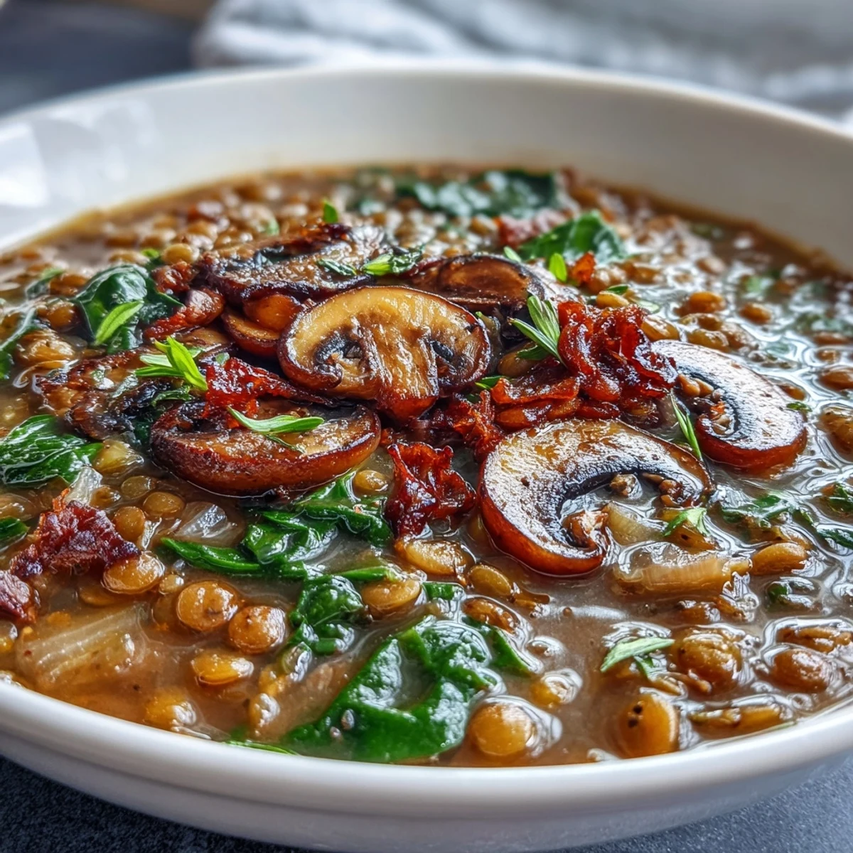 A hearty, nourishing vegan soup featuring red and brown lentils, pearl barley, and fresh collard greens.