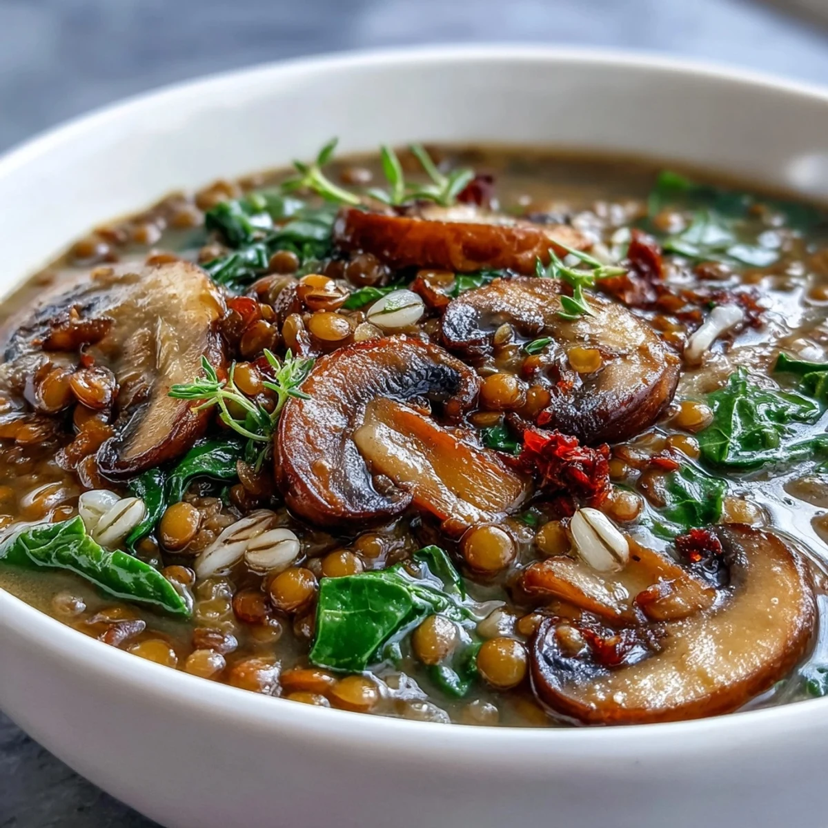 Ladle-ready Double Lentil and Mushroom Barley Soup served hot with crusty whole-grain bread.