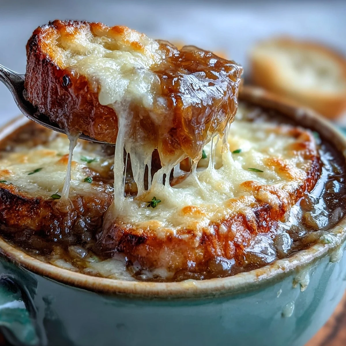 Golden, bubbly Gruyère melts over a toasted baguette slice in Classic French Onion Soup.