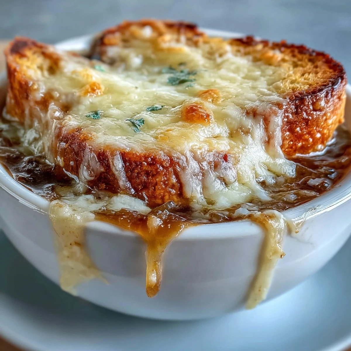 Classic French Onion Soup served steaming hot with a rich, dark broth and melted cheese.