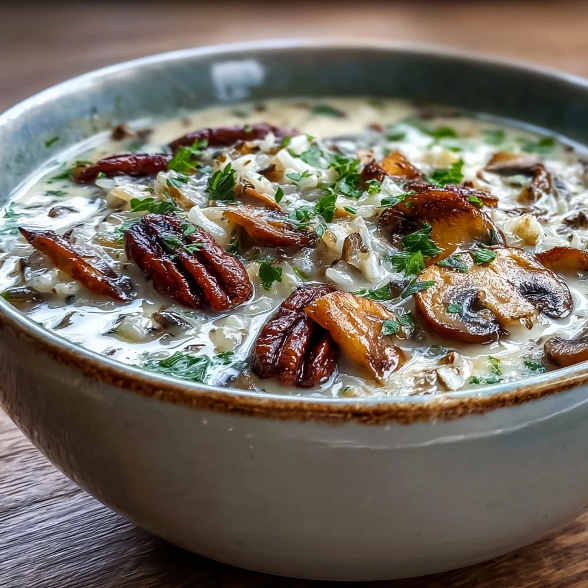 Earthy Wild Rice Mushroom Soup simmering with thyme and rosemary, alongside crusty bread for a cozy vegetarian dinner.