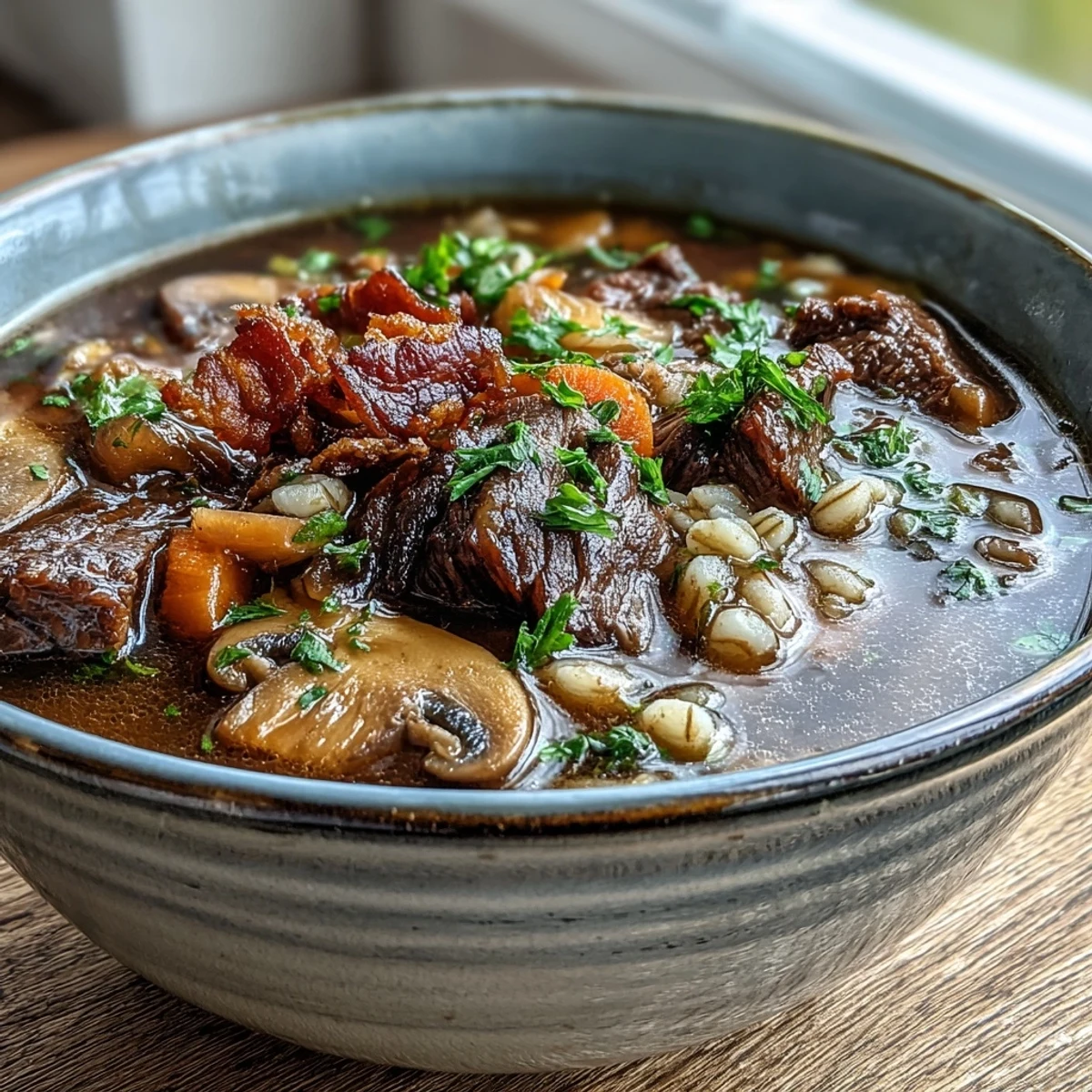 Serving of Beef and Barley Soup with Mushrooms in a white bowl, accompanied by crusty bread slices.