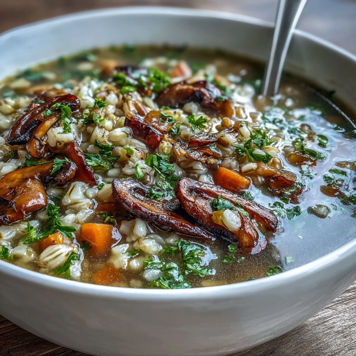 Steaming bowl of Mushroom Barley Soup with sliced white mushrooms and tender barley in a rich broth, garnished with fresh parsley.