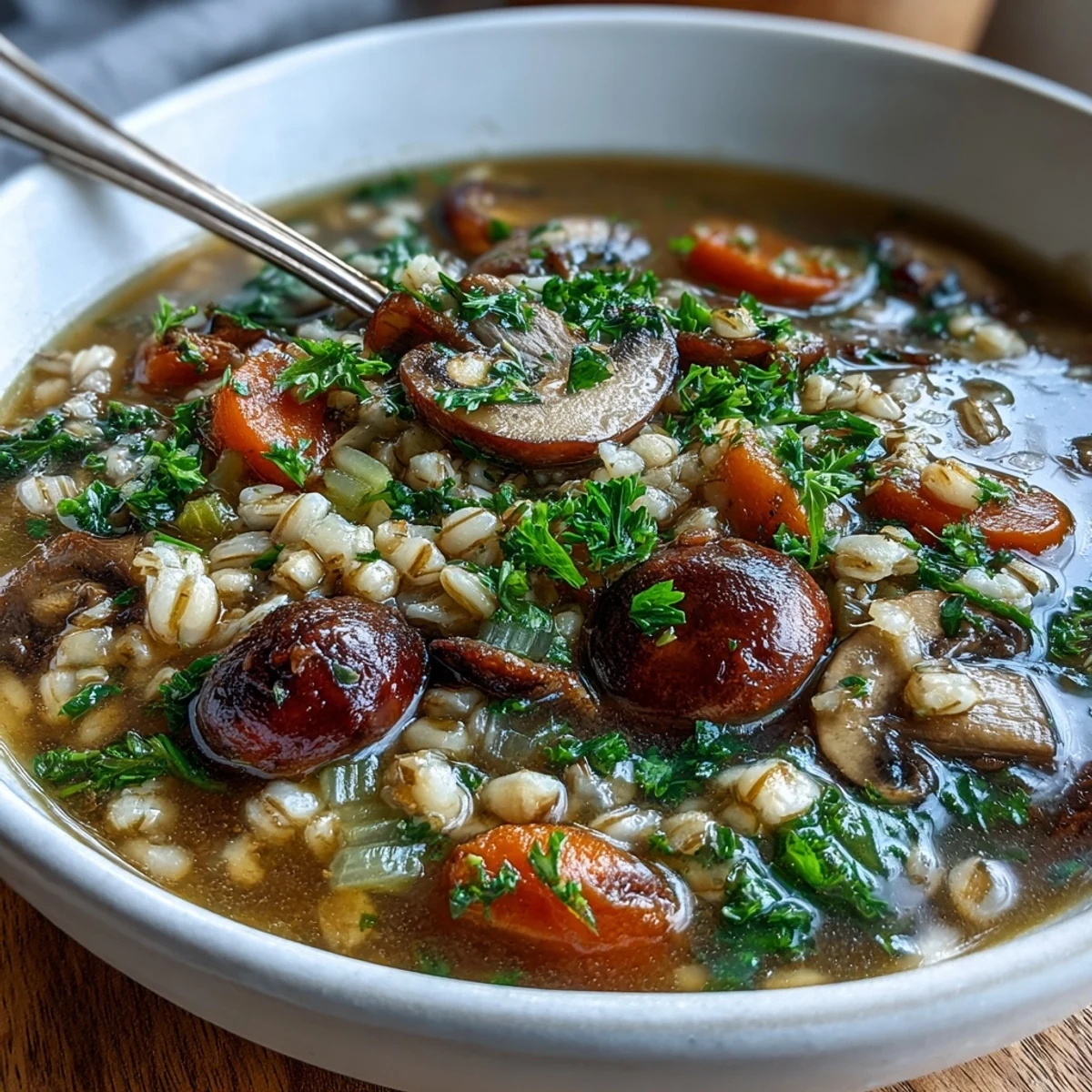 Close-up of Mushroom Barley Soup showcasing plump pearl barley, shiitake mushrooms, and diced carrots in a rustic ceramic bowl.