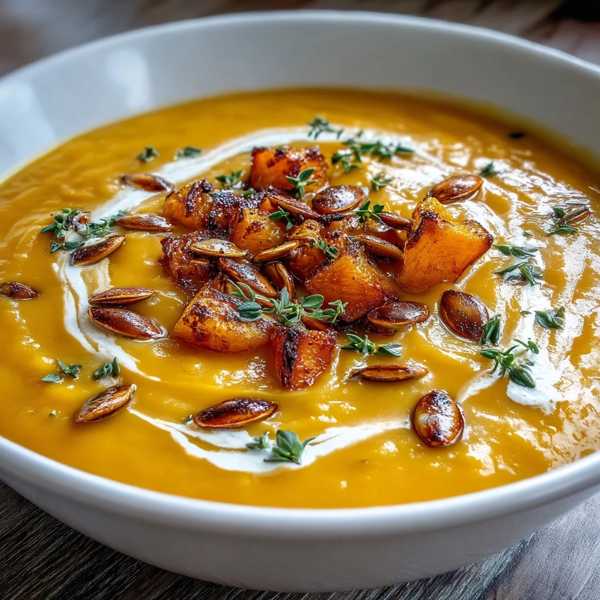 Creamy Roasted Butternut Squash Soup served in a white bowl, drizzled with heavy cream.