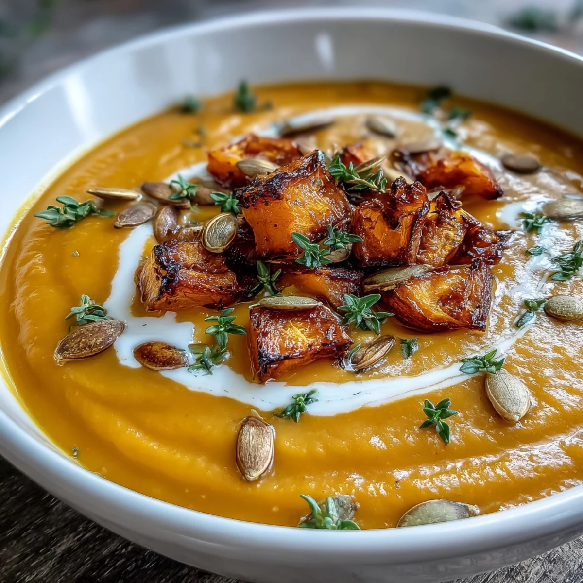 Roasted Butternut Squash Soup garnished with thyme and pumpkin seeds on a rustic table.