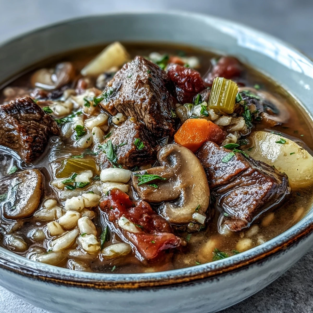 Beef and Barley Soup steaming in a rustic bowl, with tender beef cubes, carrots, and pearl barley in a rich, dark broth.