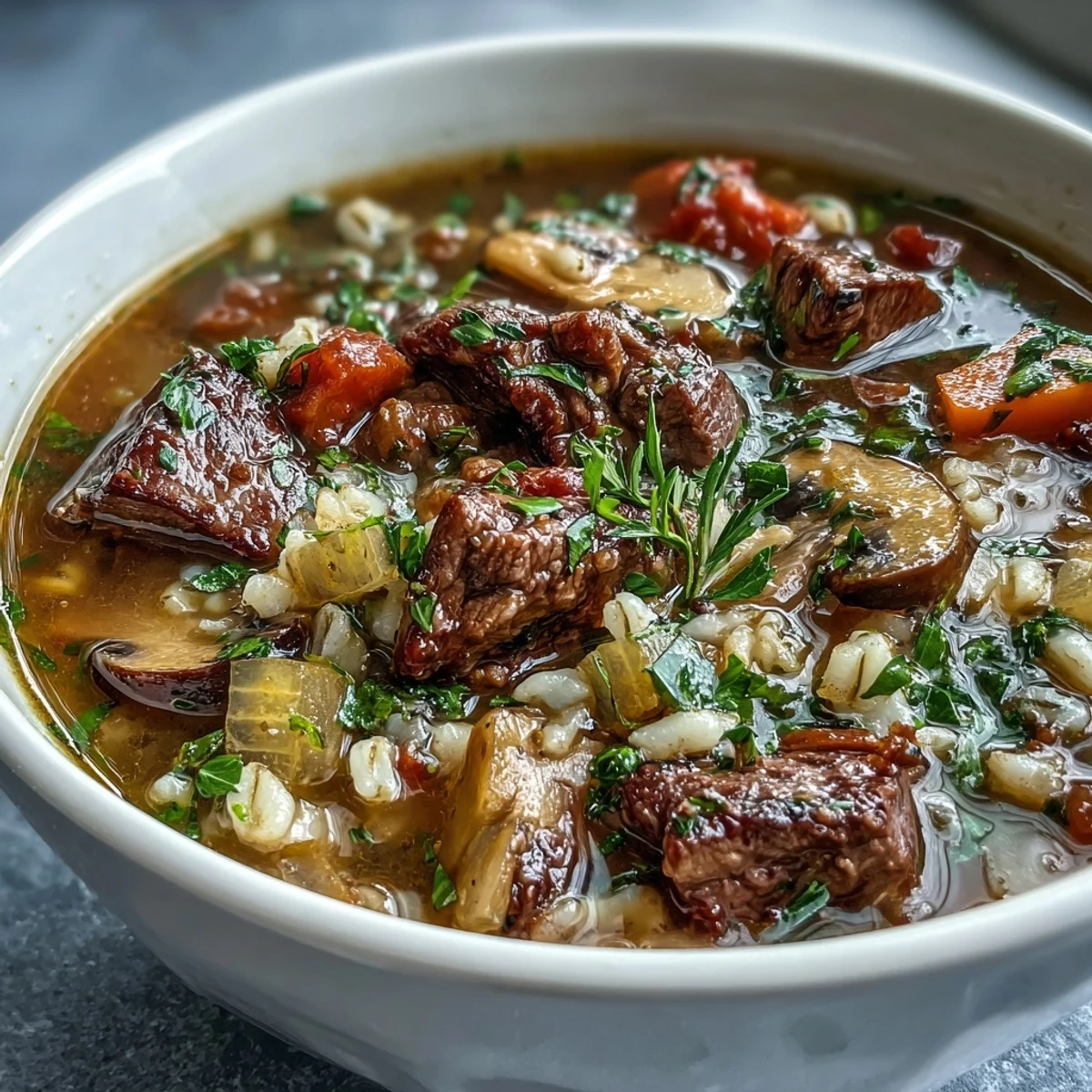 A close-up of ladled Beef and Barley Soup, revealing chunky potatoes, celery, and fresh thyme over a cozy checkered napkin.