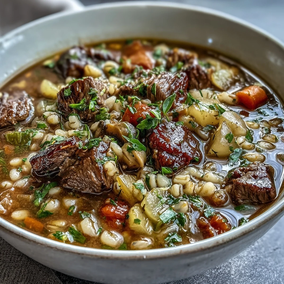 Hearty Beef and Barley Soup served in a Dutch oven, garnished with parsley and peas, next to crusty bread slices.