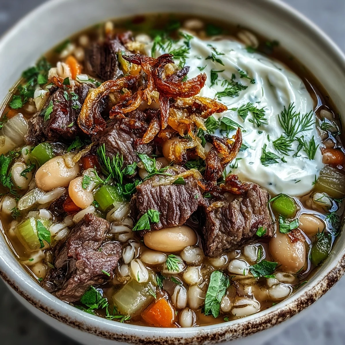 Hearty Beef Barley Soup simmering with tender beef, lentils, and fragrant fresh herbs in a rich broth.