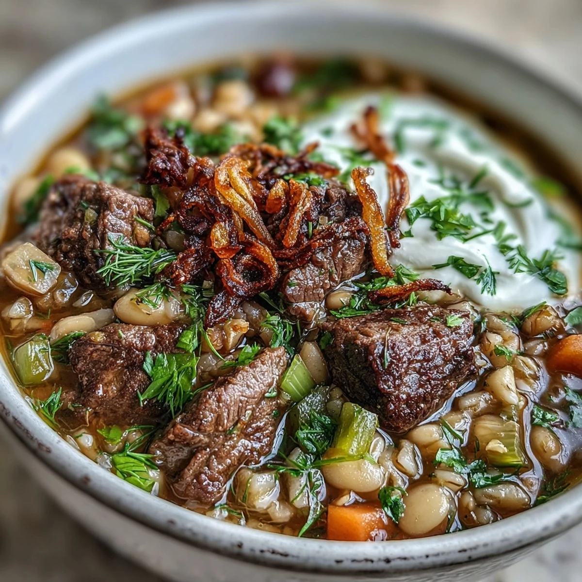 Creamy Beef Barley Soup served in a rustic bowl with a swirl of sour cream and minty fried onions.