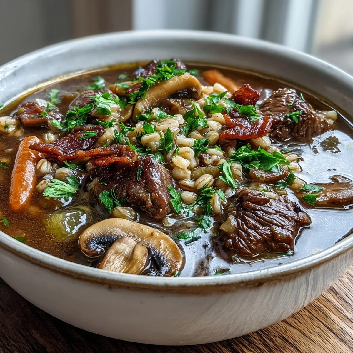 Steaming bowls of Beef and Barley Soup with Mushrooms feature tender beef, vegetables, and fresh parsley garnish.