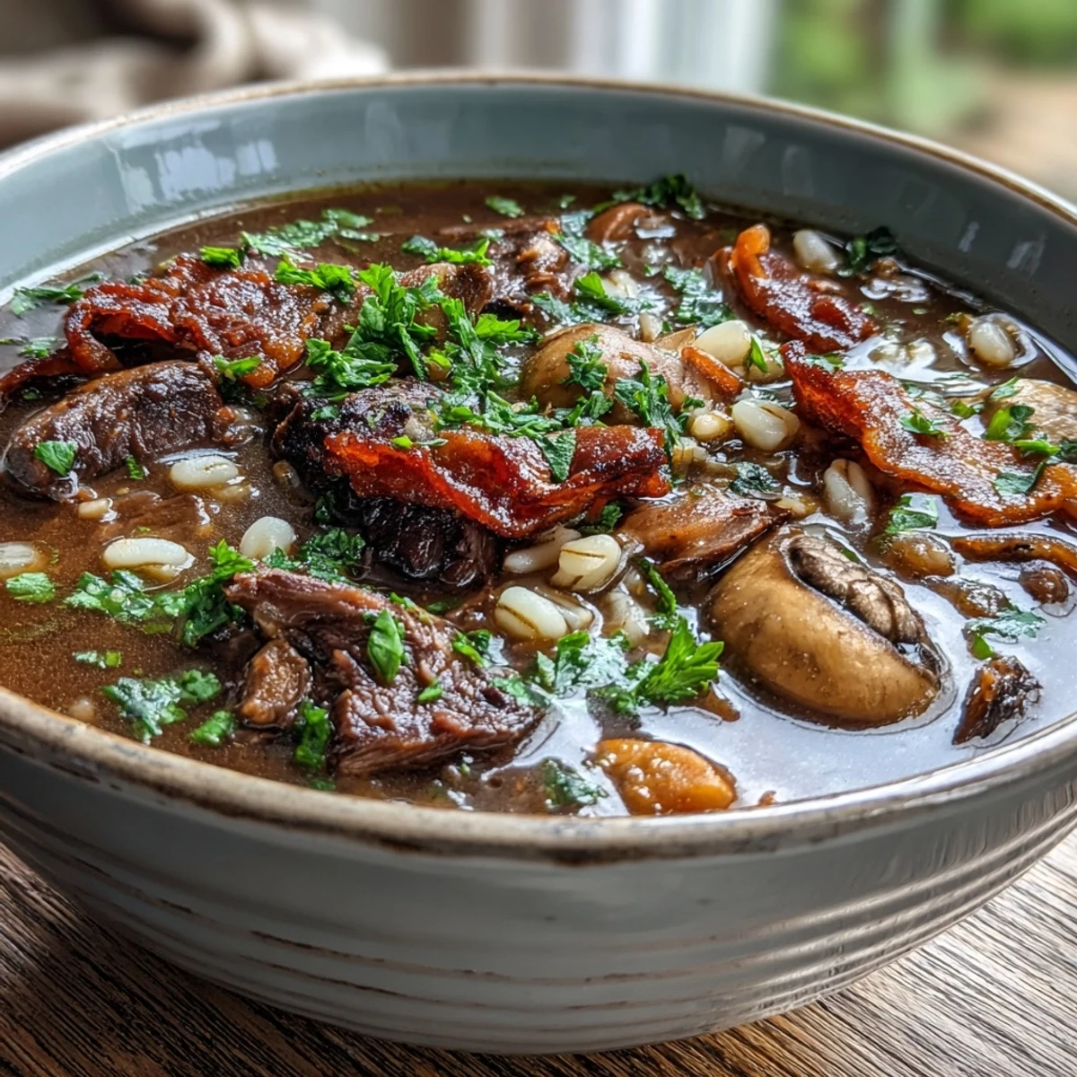Homemade Beef and Barley Soup with Mushrooms simmering in a rustic pot with rich, dark broth.