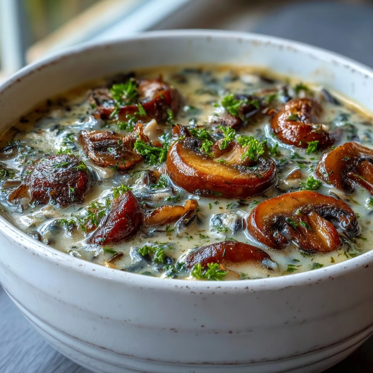 Creamy Wild Rice Mushroom Soup with tender mushrooms and fresh parsley garnish served hot in a rustic bowl.