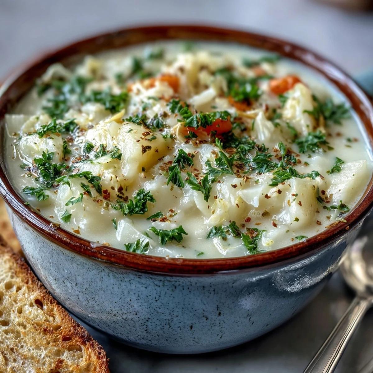 Steaming bowl of Creamy Potato Soup with Cabbage, garnished with fresh parsley and a side of crusty bread.