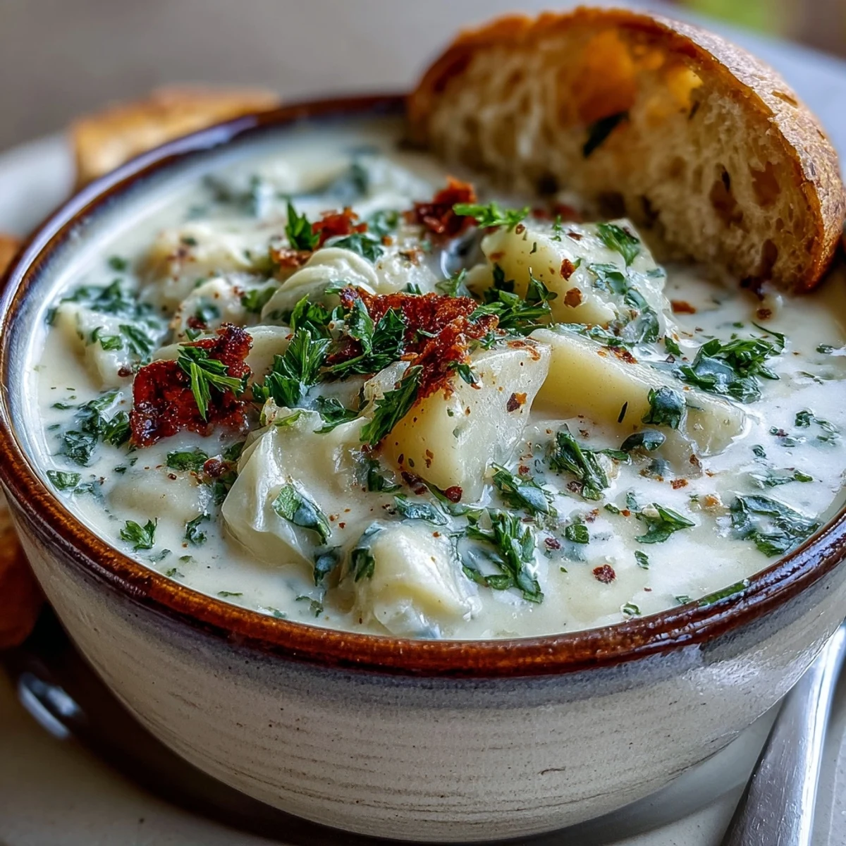 Creamy Potato Soup with Cabbage ladled into a rustic bowl, featuring tender potatoes, carrots, and a velvety texture.