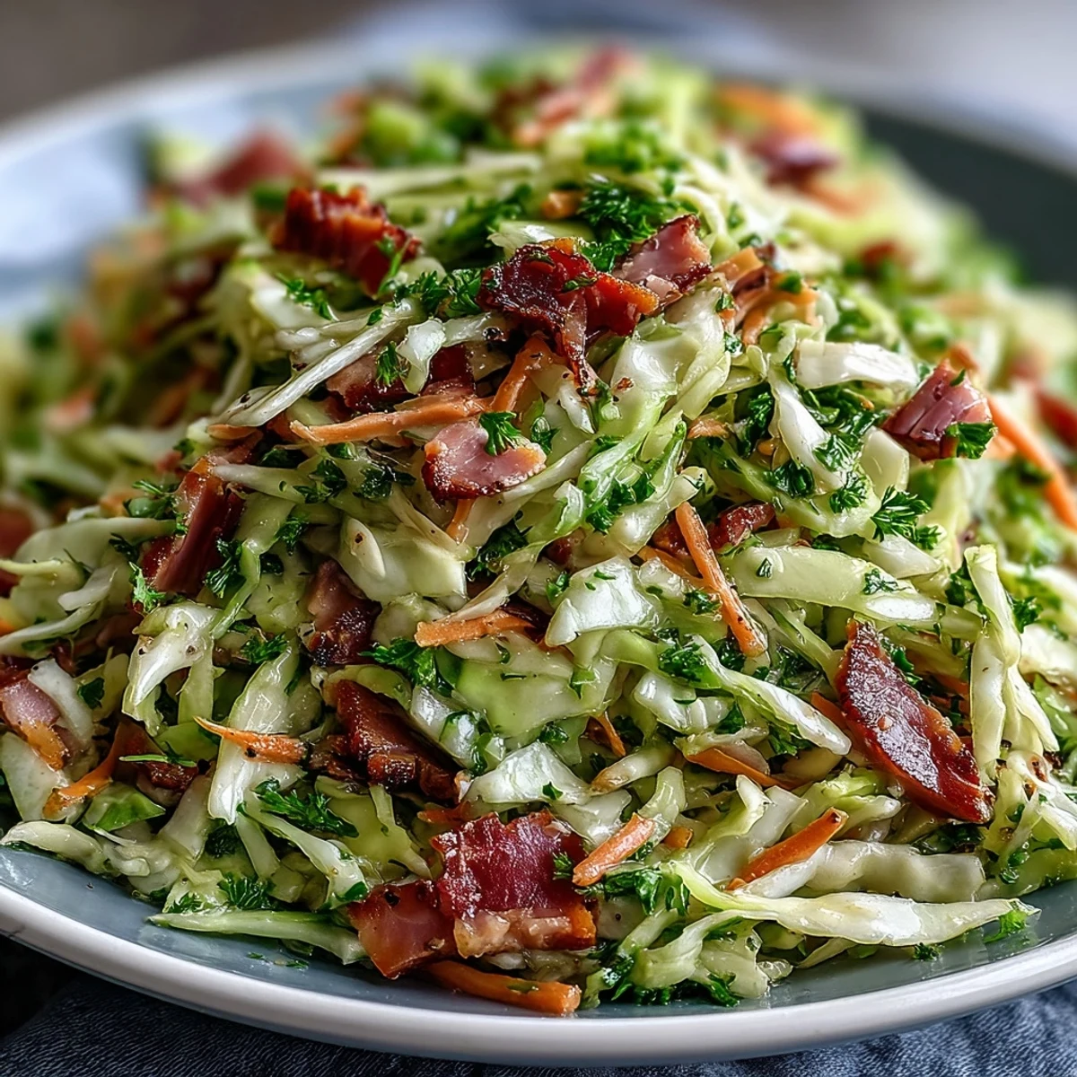 Freshly tossed German Cabbage Coleslaw With Shredded Ham features crisp green and red cabbage, grated carrots, and smoky ham tossed in tangy apple cider dressing.