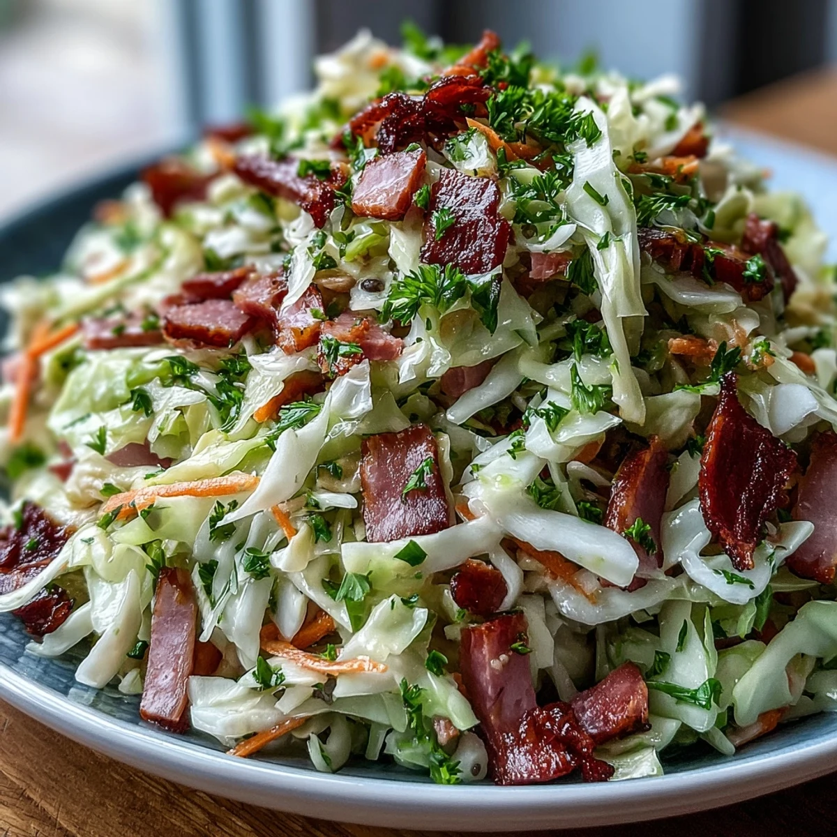 A bowl of vibrant German Cabbage Coleslaw With Shredded Ham showcases crisp cabbage ribbons, grated carrots, and savory smoked ham, topped with fresh chopped parsley for color.