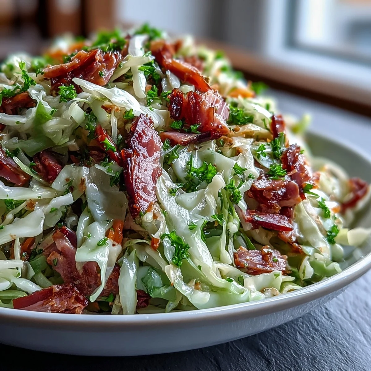 Close-up on German Cabbage Coleslaw With Shredded Ham, highlighting juicy shredded ham mixed with crunchy purple and green cabbage dressed in a glossy, tangy vinaigrette.