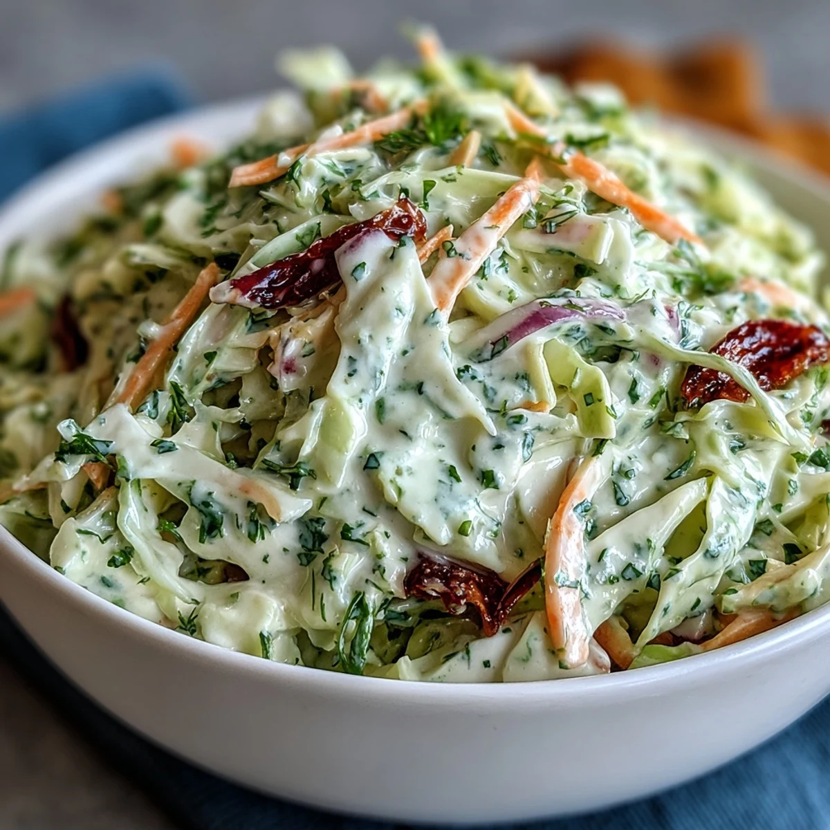 A close-up of Coleslaw with Creamy Dressing, showcasing crisp green and red cabbage shreds, bright orange carrot ribbons, and a glossy, velvety coating in a chilled serving bowl.