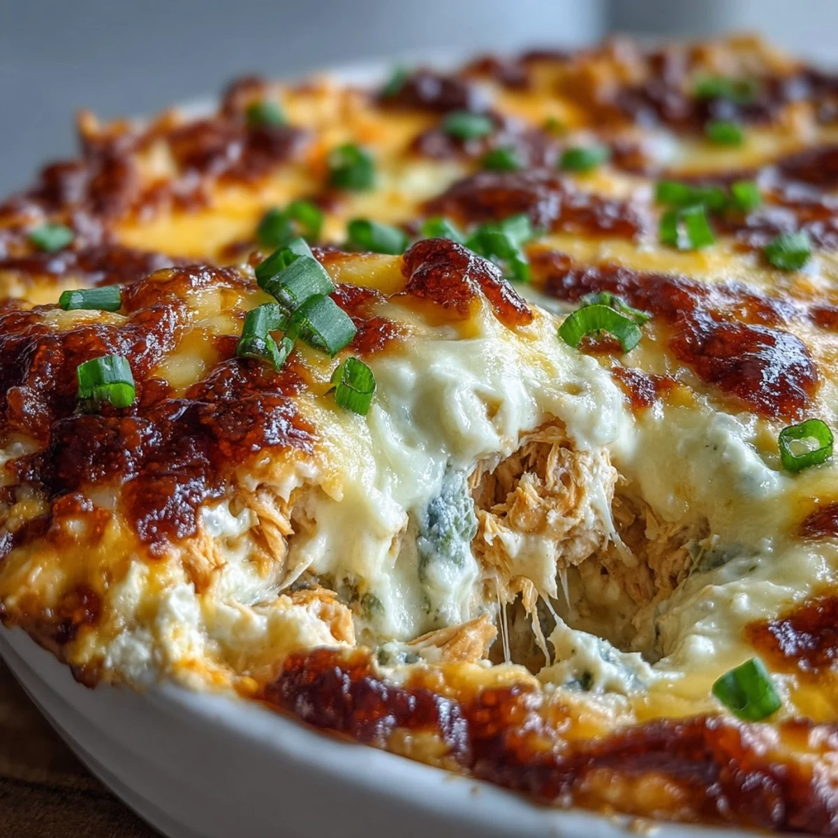 Cheesy Buffalo Chicken Dip in a baking dish, garnished with fresh green onions, ready to be scooped with sturdy tortilla chips.
