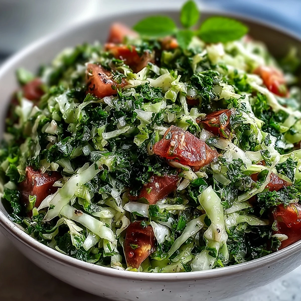 Bright green shredded cabbage, diced tomatoes, cucumbers, and fresh herbs tossed in a zesty lemon olive oil dressing for Lebanese Cabbage Salad.