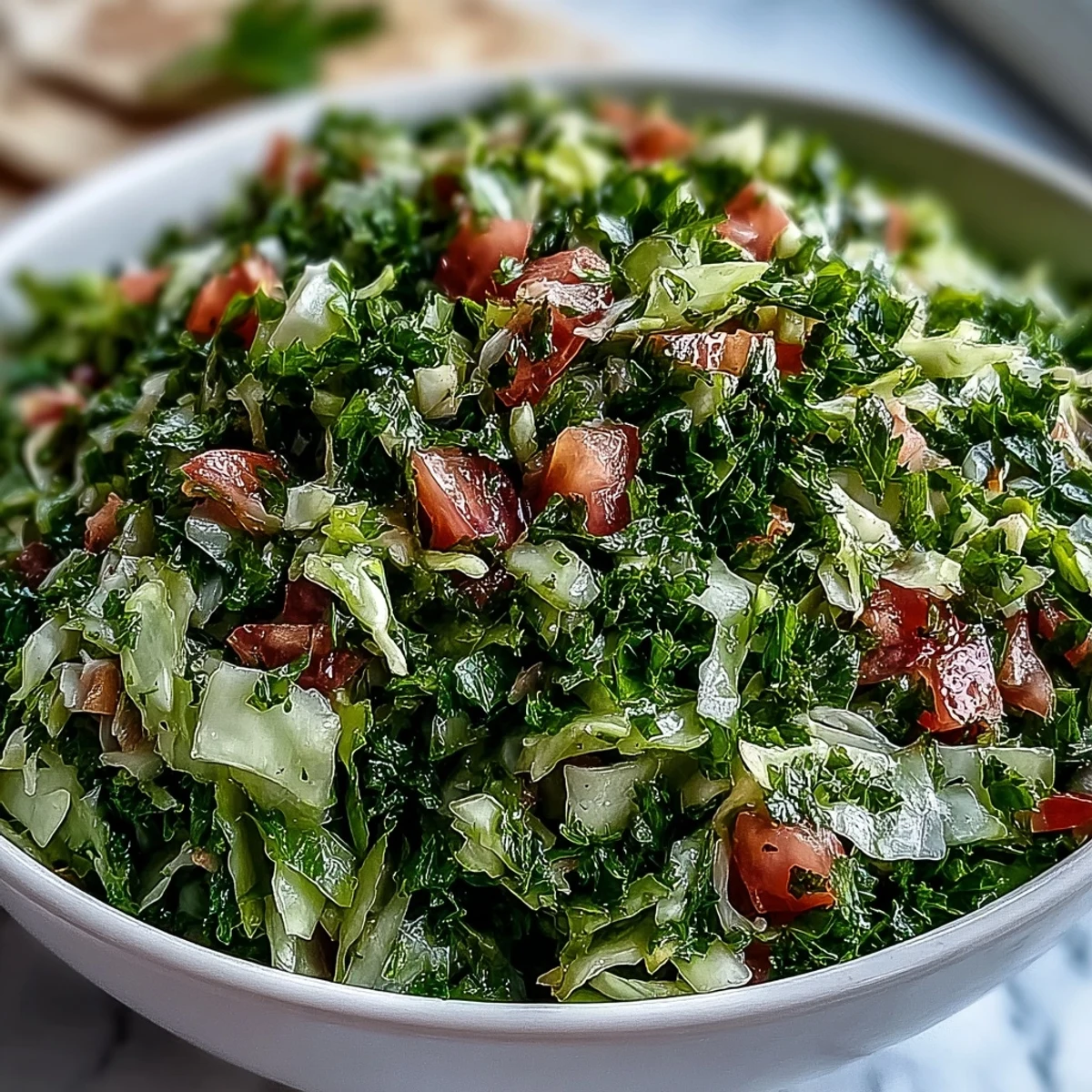 Colorful Lebanese Cabbage Salad with crunchy cabbage, cucumber, and tomato, garnished with fresh herbs and drizzled with tangy citrus dressing.
