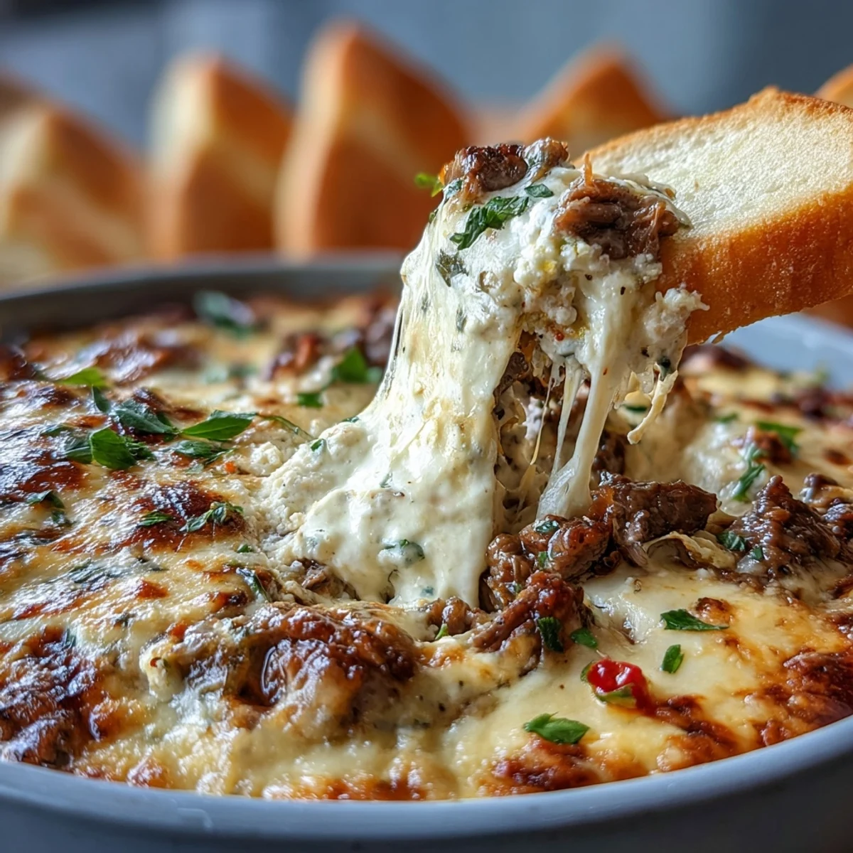 Golden-brown Philly Cheesesteak Dip fresh from the oven, featuring melty provolone and caramelized peppers bubbling over tender shaved ribeye.  