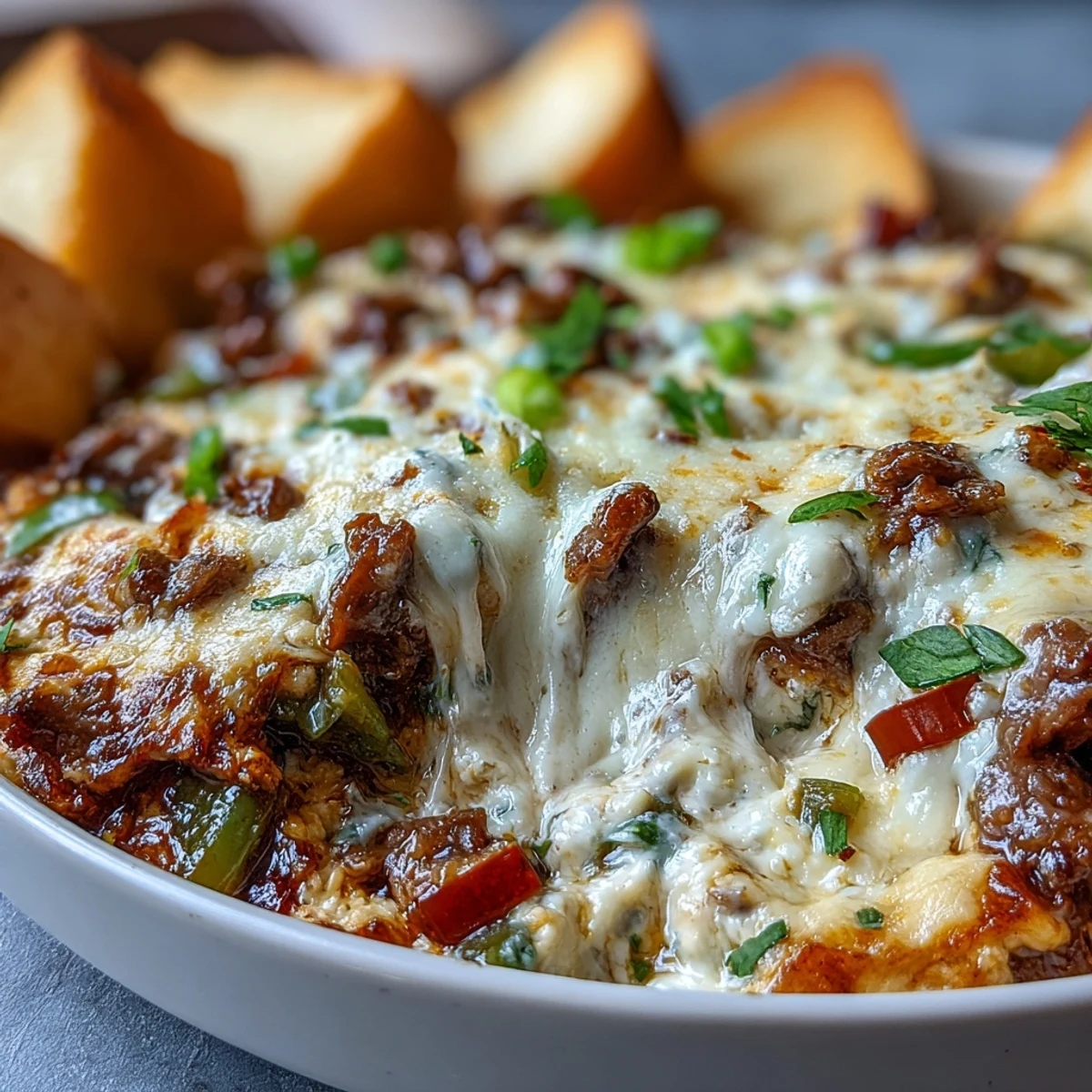 A close-up of creamy Philly Cheesesteak Dip served with crispy toasted baguette slices for dipping.  