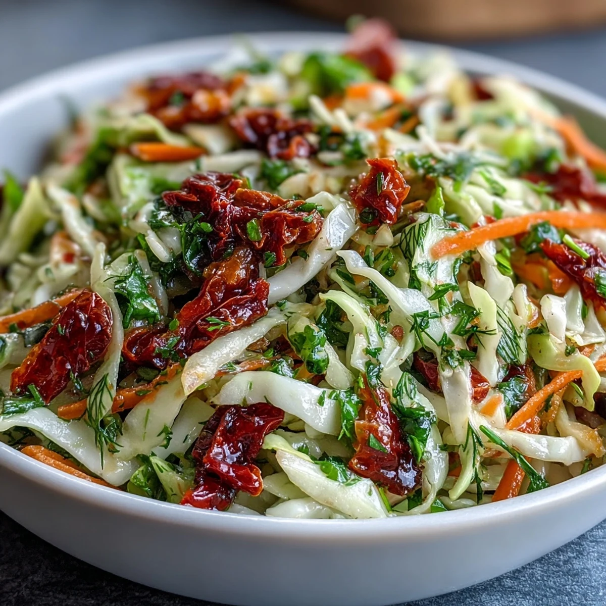 A vibrant Cabbage Salad With Sundried Tomatoes in a white bowl, tossed with red cabbage, green cabbage, carrots, and fresh herbs.