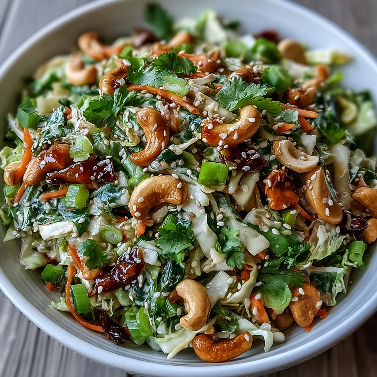 A colorful bowl of Asian Cabbage Salad featuring shredded purple and green cabbage, carrots, and a zesty sesame-lime dressing, garnished with toasted sesame seeds and chopped cashews for a satisfying gluten-free crunch.
