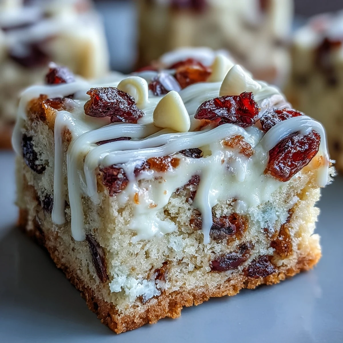 Freshly baked Cranberry Bliss Bars with zesty orange cream cheese frosting, white chocolate drizzle, and tart cranberries on top.